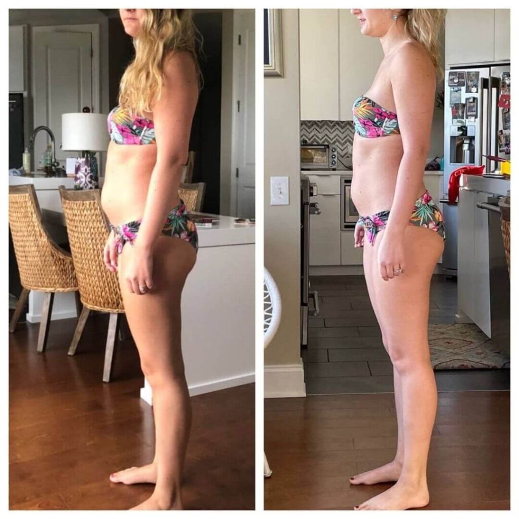 Side by side transformation photo of blonde woman in swimsuit